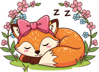Adorable cartoon fox sleeping with pink bow, surrounded by flowers, cute woodland animal illustration perfect for nursery art and kids design