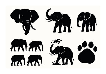 Silhouette set of elephant illustrations featuring various poses and footprint