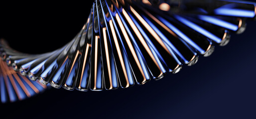 Naklejka na ściany i meble Neon glass spiral wave of transparent lines with blue brown gradient on dark 3d background. Abstract dna structure for science technology design. Futuristic graphic render wallpaper. 3D illustration