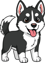 Adorable cartoon husky puppy dog illustration, cute black and white pet character, happy playful canine animal drawing for kids design projects