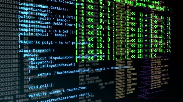 Cyber Hacking Computer Programming Animation with abstract source code and digital matrix background, blending cybersecurity, coding visualization, green and blue programming, and futuristic graphics