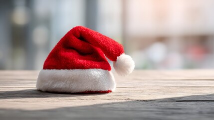 A red Santa hat neatly placed on a wooden table