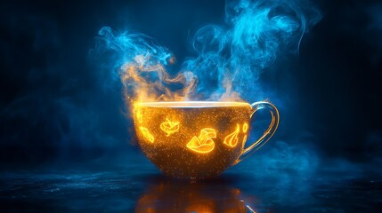 Magical glowing coffee cup with fiery steam isolated on white background