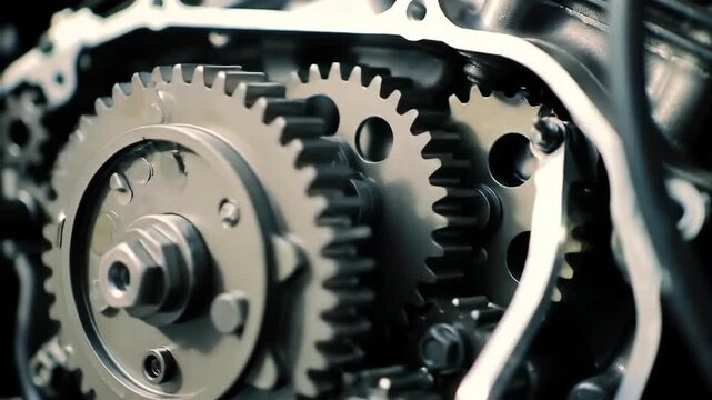 Motorcycle engine internals, gears, and metal components closeup