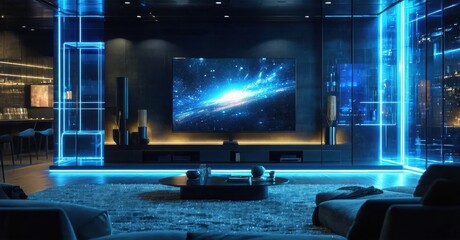 Modern living room features large screen displaying galaxy. Blue neon lights outline space, creating futuristic ambiance. Minimalist design.