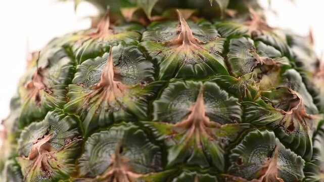 Close up of a ripe pineapple with rough green textured skin.