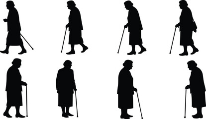 Elderly people silhouettes walking with cane vector set, senior citizens mobility support, aging population graphic design elements for healthcare illustration