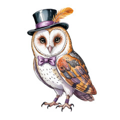 Halloween owl in bow tie and top hat. Hand drawn watercolor illustration.