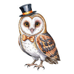 Cute barn owl like a gentleman. Hand drawn watercolor illustration.