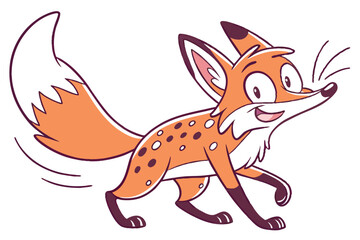 Cartoon Style Walking Fox with Orange Fur and White Tail on White Background
