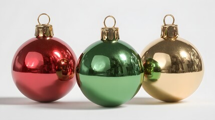 Three shiny Christmas ornaments red, green, gold arranged neatly on a white background