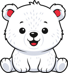 Cute cartoon polar bear cub sitting happy, adorable baby white bear illustration, arctic animal character clipart, children drawing design for kids
