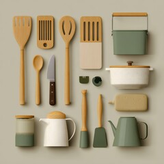 Minimalist Eco-Friendly Kitchen Products in Flat Lay Style, Wooden and Stone Materials Showcase for Modern Culinary Spaces