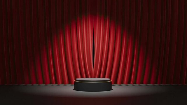 A circular black pedestal with a gold trim sits on a dark stage illuminated by a spotlight in front of a closed pleated rich red curtain