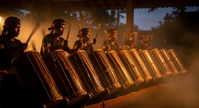 Rhythmic Harmony Percussion Ensemble in a Cultural Performance with Traditional Drums