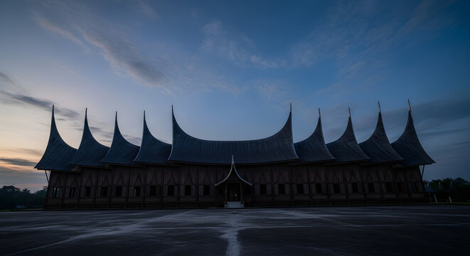Majestic Minangkabau Architecture Rumah Gadang Under Twilight's Embrace in West Sumatra, Indonesia