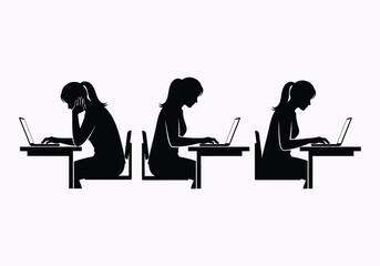 Three students diligently working at desks a striking black silhouette