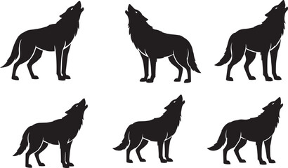 Howling wolf silhouette set with wild animal poses, standing wolves in black vector design for wildlife, nature, forest, outdoor theme