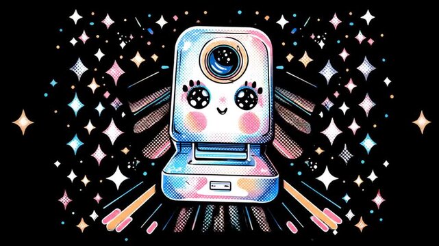 Cartoon webcam with friendly face on black background with star ornaments
