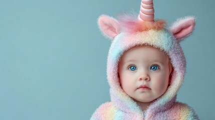 Fototapeta premium Baby Halloween Outfits. Adorable baby in a unicorn costume against a soft blue background.