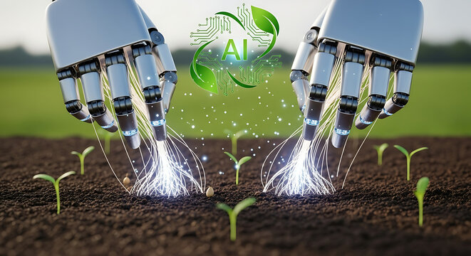 Photo of robotic hands nurturing young plants with glowing digital energy, symbolizing ai in agriculture and sustainable farming practices