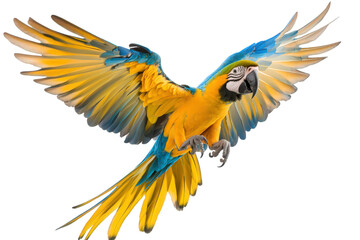 Obraz premium A breathtaking blueandgold macaw takes flight, isolated on transparent background, its wings spread wide, displaying its vibrant colors and captivating presence in nature