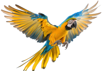 A breathtaking blueandgold macaw takes flight, isolated on transparent background, its wings spread wide, displaying its vibrant colors and captivating presence in nature