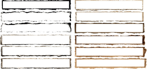 Torn Paper Pieces Collection with various frame shape cutting paper, Set of grunge abstract ripped paper strips laid out on white, various border frame set for creative design and creative works.