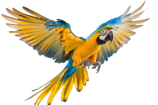 A breathtaking blueandgold macaw takes flight, isolated on transparent background, its wings spread wide, displaying its vibrant colors and captivating presence in nature