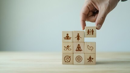 Achieve work life balance with wooden blocks illustrating exercise, meditation, healthy eating, and collaboration for a fulfilling lifestyle