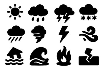Set of weather and natural disaster silhouette icons. Vector signs for climate catastrophe and emergency events like sun, rain, storm, snow, wind, tornado, flood, and fire.