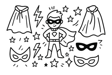 Superhero doodle set. Hand drawn vector illustration. Boy hero kid character with cape and mask. Power concept with lightning bolts, stars. Black and white cartoon clipart icons.