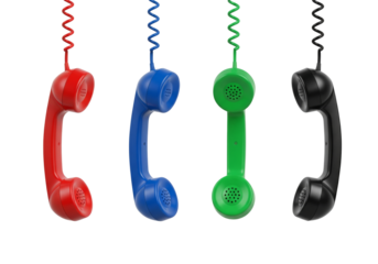 Set of vintage telephone handsets hanging from curly cords isolated on white or transparent background