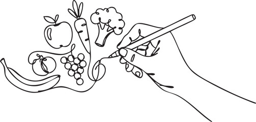 Continuous line drawing of a hand sketching fruits and vegetables