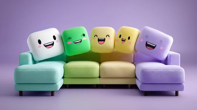 Cartoon sofa with smiling characters in vibrant pastel colors