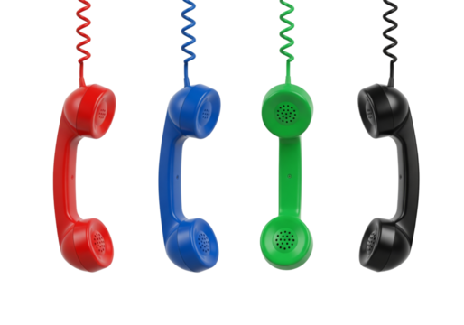 Set of vintage telephone handsets hanging from curly cords isolated on white or transparent background