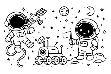 Obraz premium Cute astronauts exploring space in cartoon kawaii style. Spaceman landing on moon with rover and flag. Cosmos adventure with satellite and planets. Kids coloring page line art.