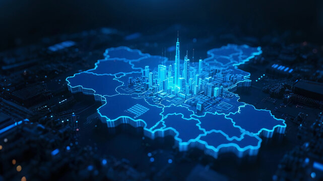 Blue city bird's-eye view panorama night scene map