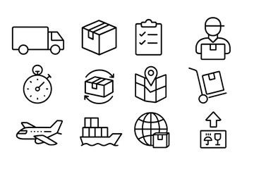 Logistics and delivery service icon set. Vector thin line symbols for shipping, transport, and freight. E-commerce, package tracking, cargo, courier, and distribution signs.