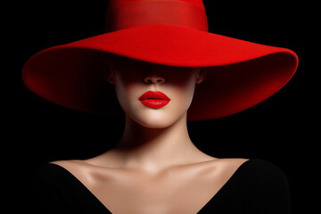 Bright red lips on a model wearing a bright red felt hat on a black background. Lipstick advertisement.