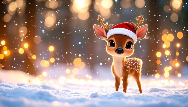 Cartoon baby deer in Santa hat standing on snowy forest path with falling snowflakes and glowing bokeh lights.