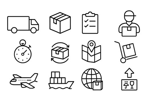 Logistics and delivery service icon set. Vector thin line symbols for shipping, transport, and freight. E-commerce, package tracking, cargo, courier, and distribution signs.