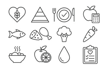 Food and nutrition icon set with editable stroke. Thin line vector symbols for healthy eating, diet balance, food categories, calorie counting, fresh produce, and meal plans.