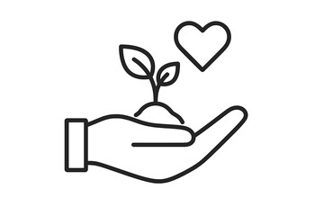 Hand holding sprout, love for nature concept. Growth, care, sustainability metaphor. Ecology, environment and charity icon. New life, hope and development symbol. Vector line art.