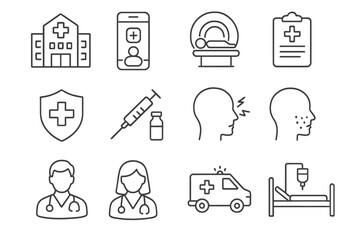 Healthcare medical thin line icon set. Vector graphic elements for hospital, telemedicine, diagnostics, prevention, symptoms, doctor, emergency care, mri, vaccine. Outline icons.