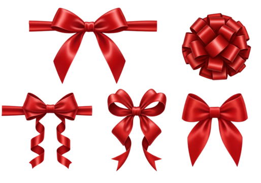 Decorative red bows in various shapes and styles, including classic ribbon bows, looped gift bows, and flat tied bows. isolated on white or transparent background