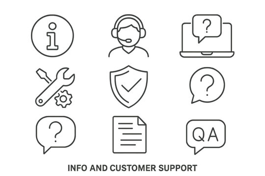 Customer support and help desk line icon set. Vector symbols for call center, online assistance, technical support, data protection, info, and Q&A. Editable stroke icons.