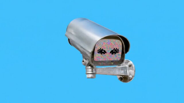 Surveillance camera with abstract eyes against blue background