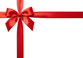 Red satin ribbon tied into a bow at the top left corner, isolated on white or transparent background