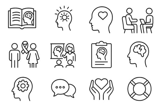 Mental health and psychology thin line icon set. Vector symbols for psychotherapy, counseling, awareness, education, support group, positive thinking, and emotional wellness.
